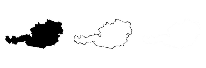 Austria country silhouette. Set of 3 high detailed maps. Solid black silhouette, thick black outline and thin black outline. Vector illustration isolated on white background.