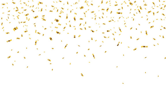 Falling gold confetti isolated on white background, 
confetti pattern, explosion, vector, golden celebration background for birthday banner, party, holiday, anniversary & graduation celebration