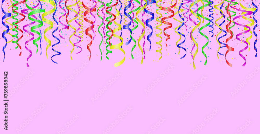 Poster Falling confetti and curly colorful shiny streamer on pink background. Empty space for text