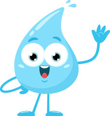 Happy Blue Water Drop Cartoon Character Waving For Greeting. Vector Illustration Flat Design Isolated On Transparent Background