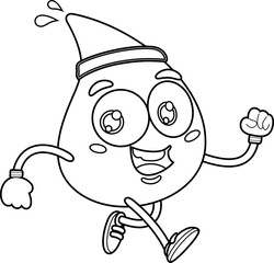 Outlined Water Drop Cartoon Character Jogging. Vector Hand Drawn Illustration Isolated On Transparent Background
