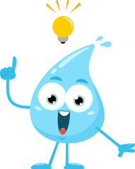 Blue Water Drop Cartoon Character Having A Bright Idea With A Light Bulb. Vector Illustration Flat Design Isolated On Transparent Background