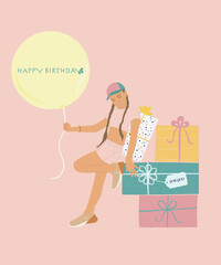 Pink birthday card with girl, presents, ballon and phrase for teenagers. Birthday party, celebration, holiday, event, festive, congratulations concept. Vector illustration. Postcard, card, cover.