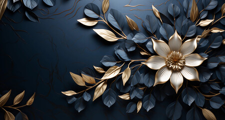 3D wallpaper of Golden flowers and leaves on a blue granite background with space for copy