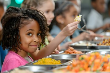 A diverse group of children enjoy a buffet at a school cafeteria. Concept School Lunch, Buffet, Children, Diversity, Shared Meal