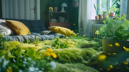 Comfortable colorful minimalist interior overgrown with grass and flowers. Sunlight from the window. Green lifestyle. A harmonious room with grass, flowers and plants inside.