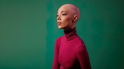 Bald stylish woman In maroon color turtleneck against green emerald dark background