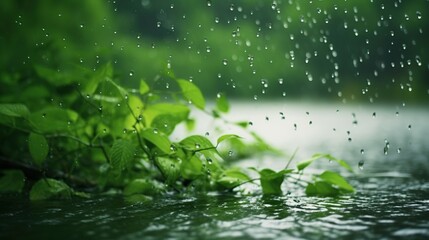 Green leaves above the water surface in drizzle. Light summer rain Water drops