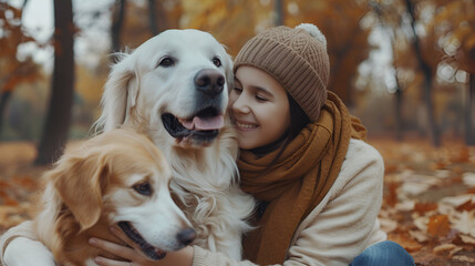 blond woman holding paws of her golden retriever dog in the park,Young woman with her cute Jack...