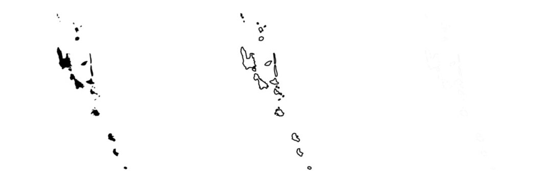 Vanuatu country silhouette. Set of 3 high detailed maps. Solid black silhouette, thick black outline and thin black outline. Vector illustration isolated on white background.