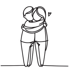 Boy and girl hugs. Kids love. Abstract person. Line art
