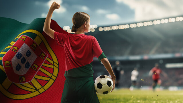Competitive young woman, soccer player standing on 3D render of football stadium, representing team of Portugal. Concept of live sport event, championship, match and tournament