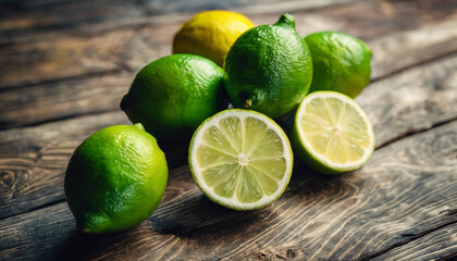 lime lemon and sliced lime on old wooden desk, above view  