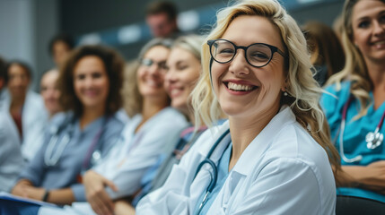 Fototapeta na wymiar smiling cheerful nurse doctor sit relax in seminar training class nurse doctor group happiness positive face expression in education class hospital background