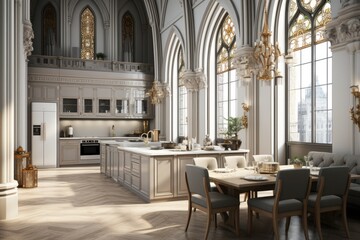Fototapeta na wymiar an European style kitchen interior design with tall windows advertising photography