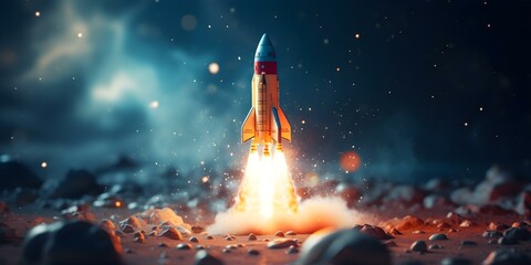 Advancement of Technology and Exploratory Spirit: Rocket Launch into Space. Concept Space Exploration, Technological Advances, Rocket Launch, Exploration Spirit, Outer Space Discovery