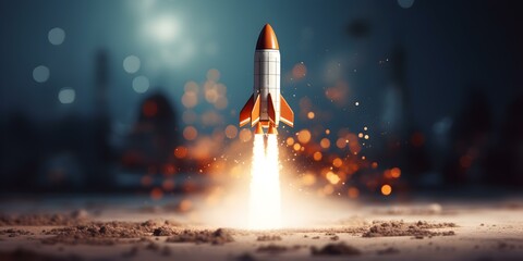 Rocket launching into space symbolizing technological advancement and the spirit of exploration. Concept Technology, Space Exploration, Rocket Launch, Innovation, Inspirational