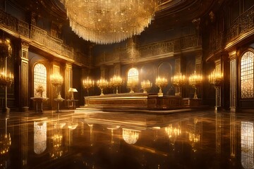 : The focal point of the room, a gleaming podium illuminated by cascading golden light from ornate lamps, creating an aura of grandeur and sophistication in every pixel.