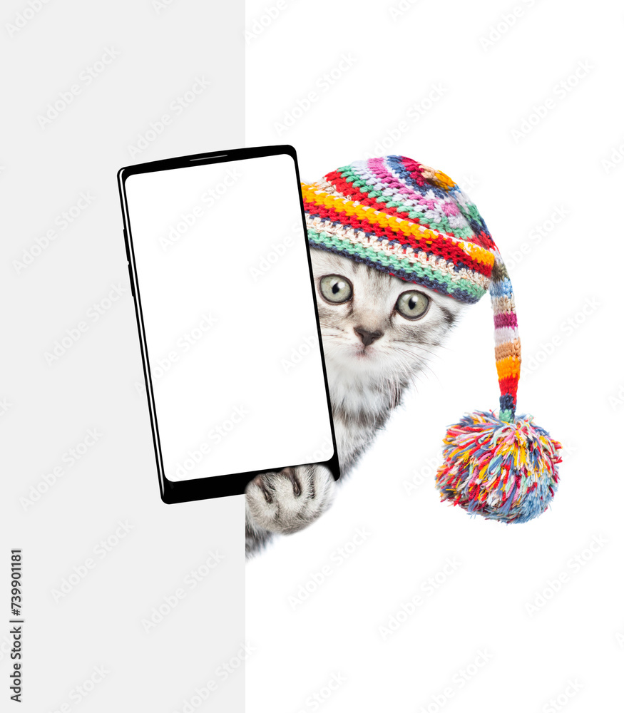 Aufkleber cute kitten wearing warm hat with pompon holds smartphone with white blank screen in it paw above em