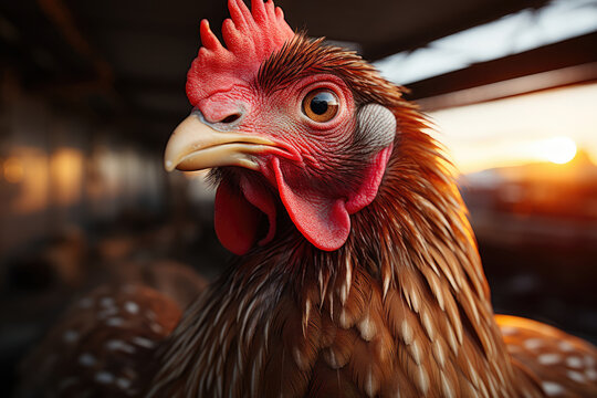 portrait of the chicken face on the background of the coop with subtle twilight golden light 