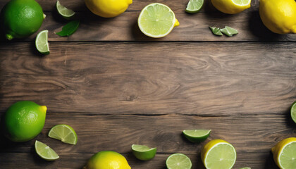 lime lemon and sliced lime on old wooden desk, above view

