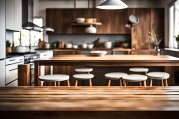 : The beauty of simplicity shines through in this image, with a wooden table standing gracefully against the blurred background of a kitchen bench, the scene rendered in breathtaking HD. - obrazy, fototapety, plakaty