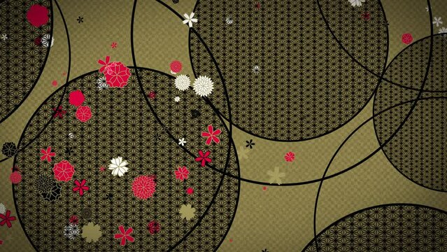 花のモチーフが舞い上がる和柄の背景　ループ　ゴールド