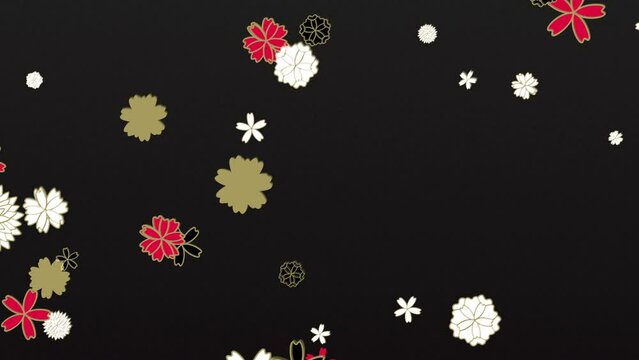 和柄の花のモチーフが舞い上がるレトロでポップな背景　ループ　黒　大