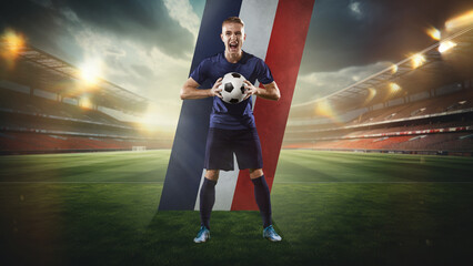 Competitive and motivated young guy, soccer player standing on 3D football stadium ad shouting. representing team of France. Concept of live sport event, championship, match and tournament © master1305