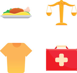 Needed thing icons set cartoon vector. Breakfast, clothes, first aid kit and scale. Essential item for daily use
