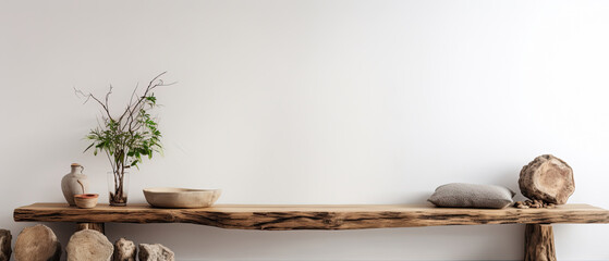 Wooden and stone slab as a bench near white empty wall in minimalist Boho interior rustic living room design created with Generative AI Technology - obrazy, fototapety, plakaty