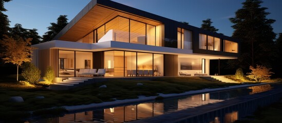 Naklejka premium Modern house with swimming pool illuminated at night