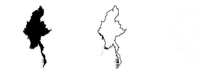 Myanmar country silhouette. Set of 3 high detailed maps. Solid black silhouette, thick black outline and thin black outline. Vector illustration isolated on white background.