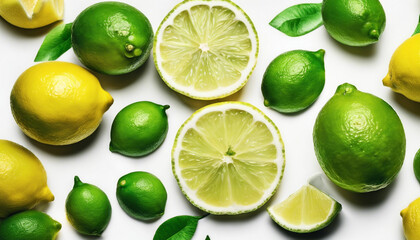 lime lemon and sliced lime, isolated white background, above view  