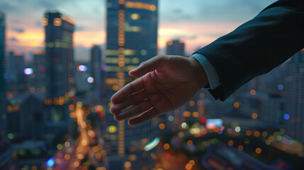 
successful business agreement contract dealing businessman handshake close up hand palm with blur city building and office working space background - obrazy, fototapety, plakaty