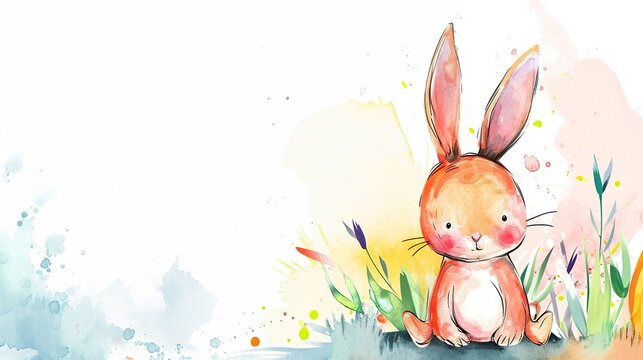 A vibrant watercolor bunny enjoying a sunrise, ideal for children's illustrations or springtime decor, with ample negative space for text or additional design elements.