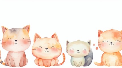 A whimsical watercolor illustration of four kittens sitting with content expressions, in soft pastel tones, ideal for children's storytelling or as a gentle nursery wall ar