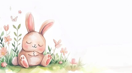 A serene watercolor bunny meditates in a meadow, surrounded by soft flora and butterflies, ideal for children room decor or mindfulness-themed illustrations, with space on the left for text.