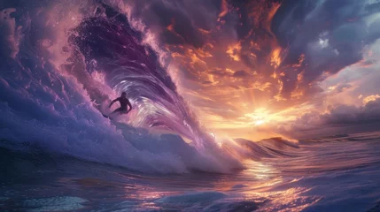 Foto op Canvas Dramatic Ocean Wave at Sunset with Surfer, Perfect for Adventure and Travel Publications © R Studio