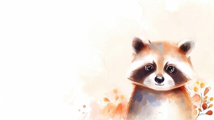 Obraz premium A gentle raccoon portrayed in watercolor, perfect for nature-themed decor or calming wildlife illustrations, with area for text included.