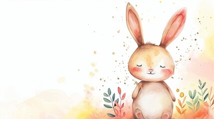 Obraz premium A gentle watercolor bunny with closed eyes, set against a warm backdrop, fitting for soothing nursery room art or a calm wildlife-themed design, with space for text.