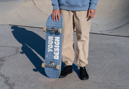 Mockup of man with customizable skateboard, low section
