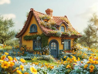 Fototapeta na wymiar Charming 3D cartoon cottage with flower surround on yellow background
