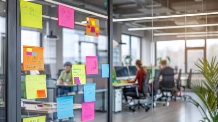 Collaborative Workspace with Colorful Sticky Notes, Ideal for Concepts on Teamwork and Project Planning