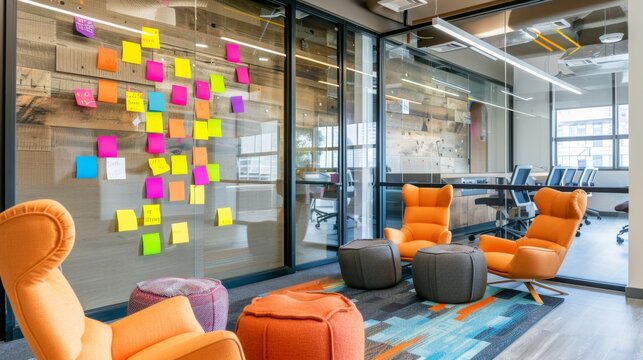 Creative Office Breakout Area with Colorful Sticky Notes, Ideal for Brainstorming and Teamwork Presentations