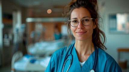 portrait of a smiling female doctor with a blue doctor's coat and a clinic in the background - obrazy, fototapety, plakaty