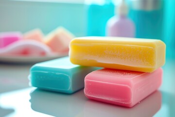 Colorful bars of soap in bathroom table