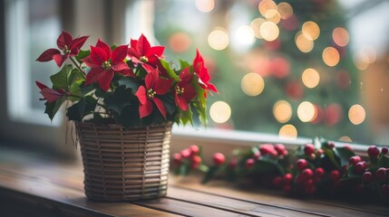 Festive Christmas Poinsettia Flower in Basket on Windowsill with Warm Bokeh Lights