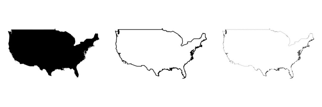 United States of America country silhouette. Set of 3 high detailed maps. Solid black silhouette, thick black outline and thin black outline. Vector illustration isolated on white background.