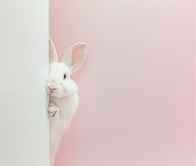 Curious white rabbit squeezes between walls to peer out from the corner, its adorable face filled with curiosity and wonder.Bunny's playful exploration with charming touch.  Easter-themed design.